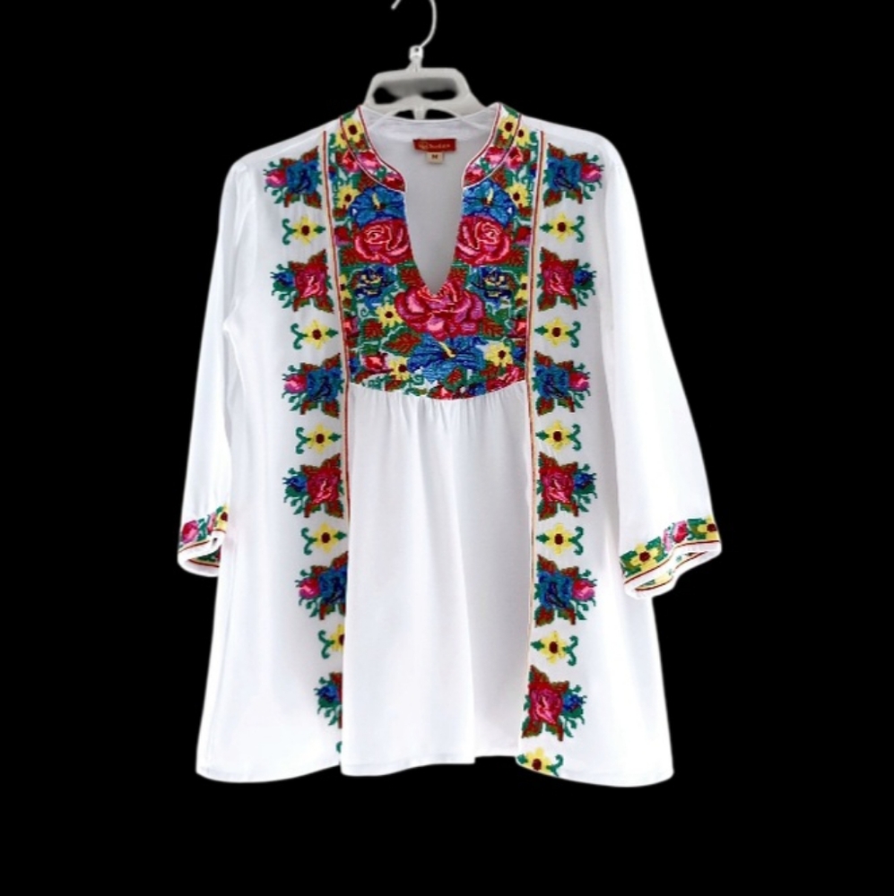 White Embroidered V-Neck Boho Blouse with Multicolor Floral Detail